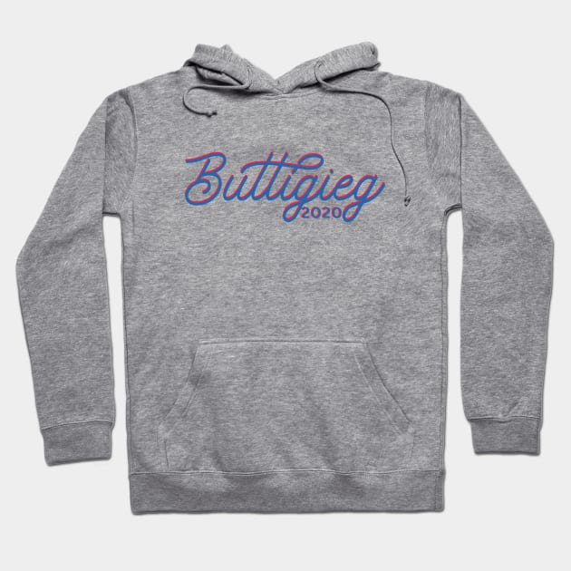 Buttigieg 2020, monoline script text in red and bright blue. Pete for America in this presidential race. Hoodie by YourGoods